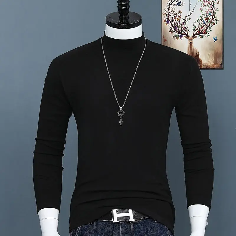 Camiseta Coreana de lujo para hombre, camisa de manga larga Base sólida, cuello alto, ajustada, Tops de talla grande, Otoño e Invierno