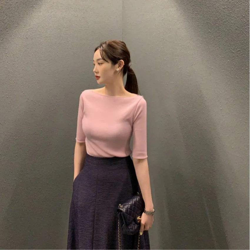 

Женский модный летний трикотажный топ Slim Fit с коротким рукавом, на одно плечо, эластичный, в корейском стиле, универсальный, простой