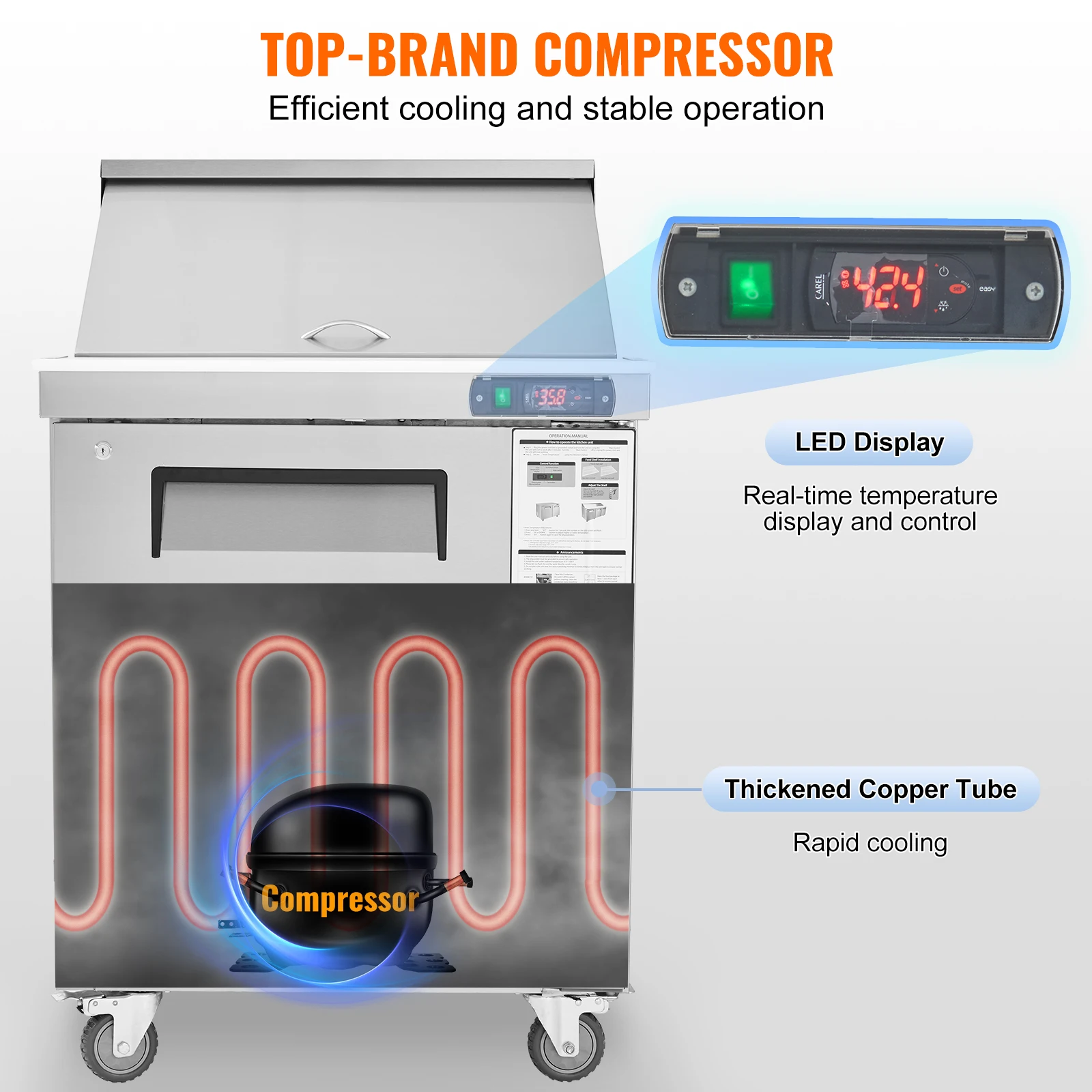 VEVOR 28 بوصة طاولة إعداد الساندوتش والسلطة التجارية للثلاجة 7.4 Cu. محطة تحضير الطعام المبردة من الفولاذ المقاوم للصدأ مع مقلاة