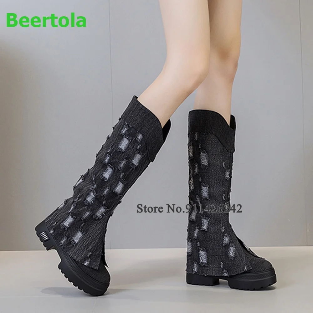 

Thick Sole Denim Fabric All-match Boots For Female Women Round Toe Calf-high Slip-on Solid Fashion Handmade Elegant Girl's Shoes