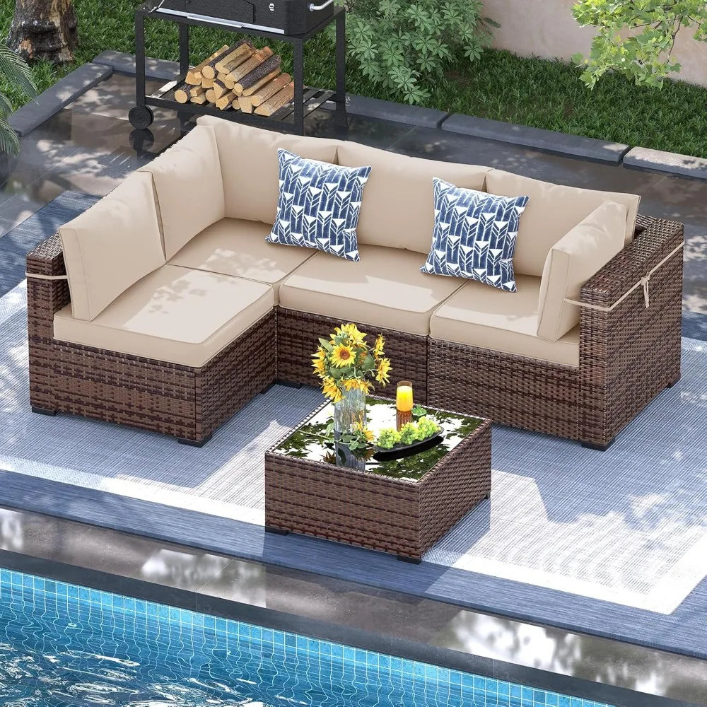 

5 Piece Patio Furniture Set, Sectional Modular Sofa with 4'' Thickened Cushions, Wicker Furniture Sets with Waterproof Cover