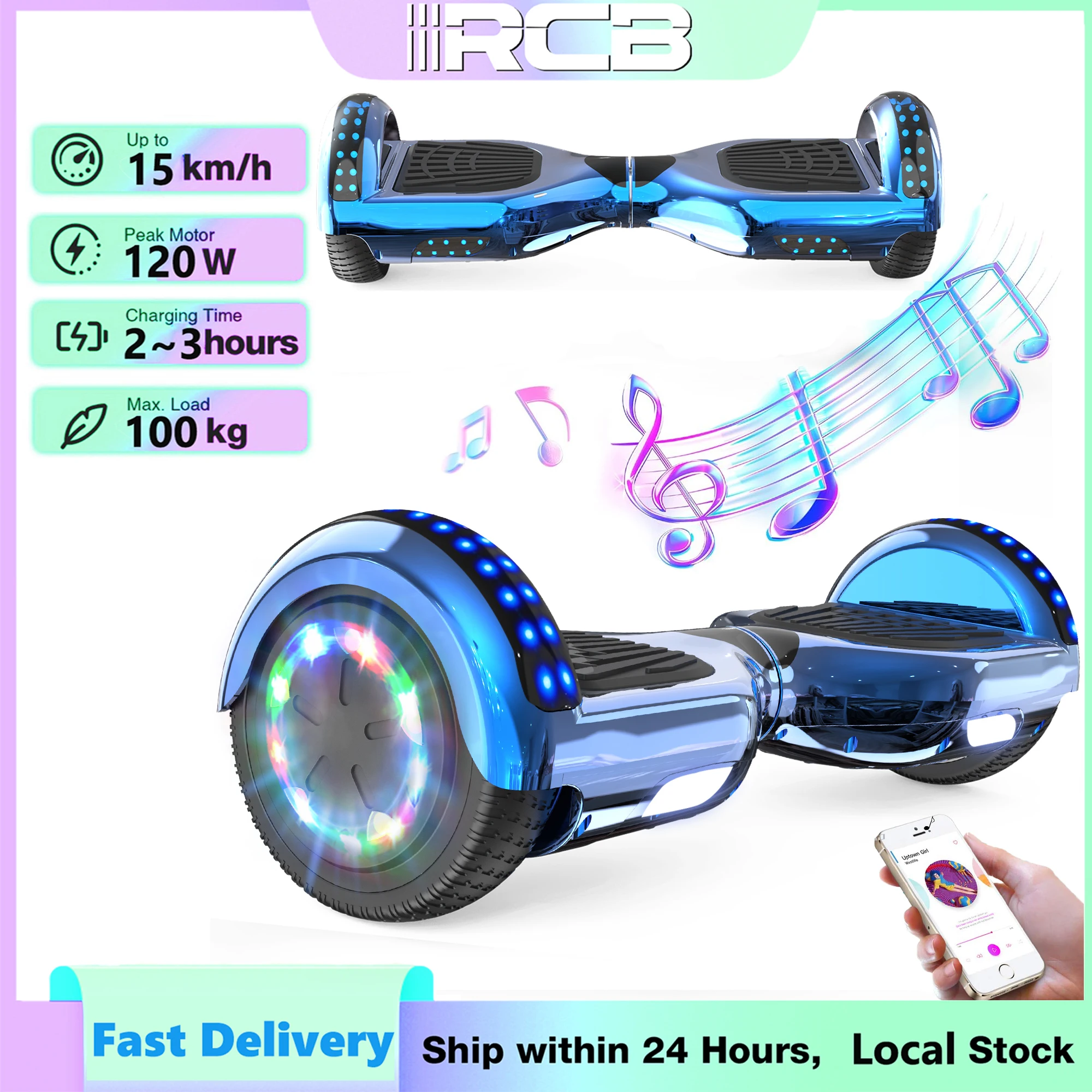RCB Hoverboard para Niños 6,5 Pulgadas Patinete Eléctrico Autoequilibrado para Niños y Adultos, Luces LED Bluetooth, Regalo Ideal, Patinete Autoequilibrado Infantil, Scooter de Equilibrio