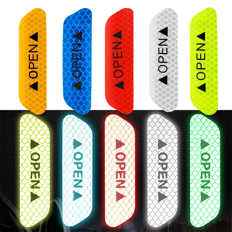 4pcs Open Door Sticker Car Door Stickers Open Sign Safety Sticker Reflective Night Warning Tape Diamond Fluorescent Accessories