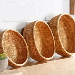 Natural Food Woven Tray Box Round Handwoven Rattan Storage Baskets Home Living Room Dinner Table Snack Fruit Vegetable Basket