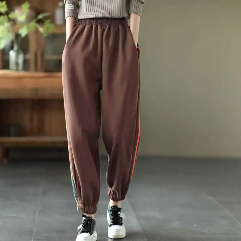 Autumn Winter Women's Solid Color High Waisted Striped Pocket Shirring Harlan Vintage Trousers Fashion Office Lady Casual Pants