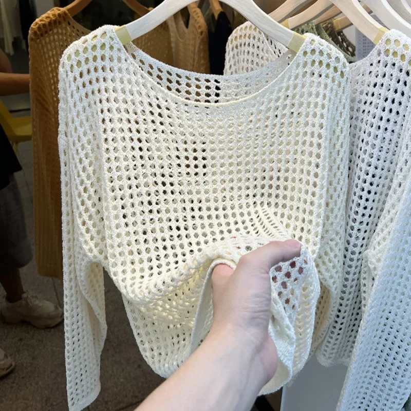 여성용 긴 소매 메쉬 니트 탑 2025 여름 가을 신상 Y2K 시스루 레이스 블라우스 캐주얼 홀로우 아웃 셔츠