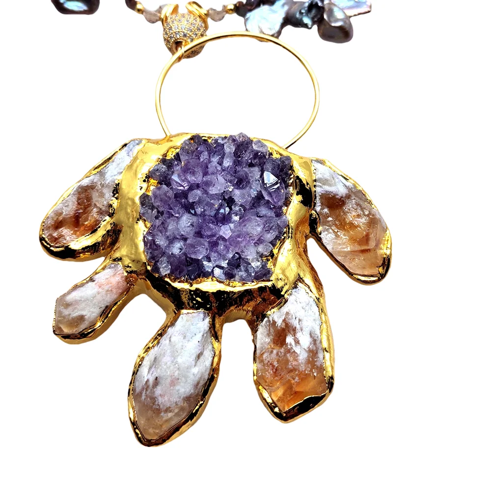 

kkGEM 11x15mm Black Keshi Pearl Crystal Necklace 75mm Natural Amethyst Druzy Citrine Paw Pendant