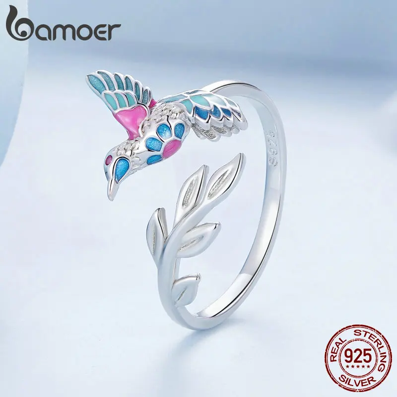 Bamoer 925 Sterling Silver Kingfisher Opening Ring Colorful Enamel Bird Adjustable Ring for Women Party Fine Jewelry Gift