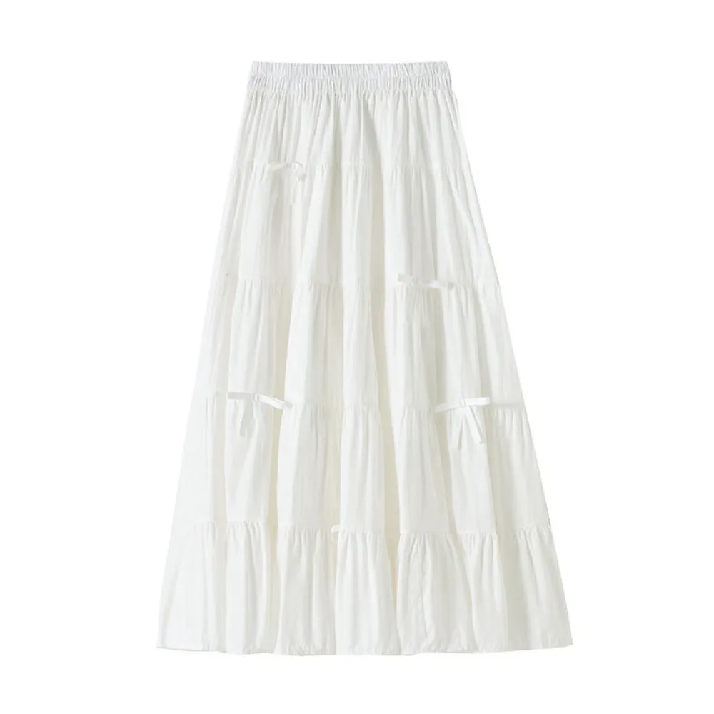 

Elegant Bowknot Tiered Midi Skirt Hight Waist Pleated Long Cake A-line Skirts Chic Korea Style Seven Point Long Dress Chic