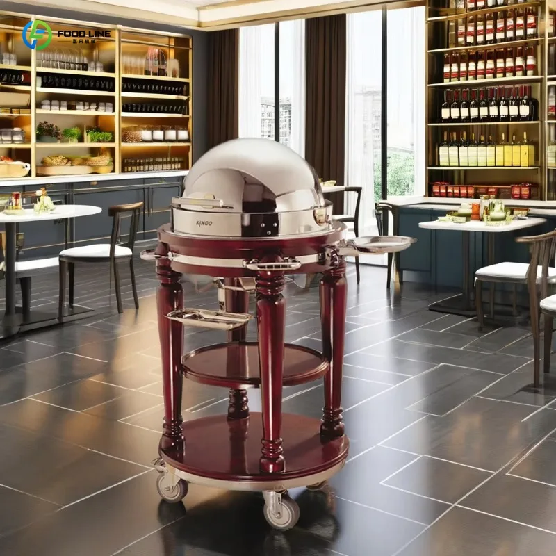 Customized Hotel Restaurant 304 Stainless Steel Round Buffet Cart Mobile Food Serving Trolley with Rubber Wood for Serving