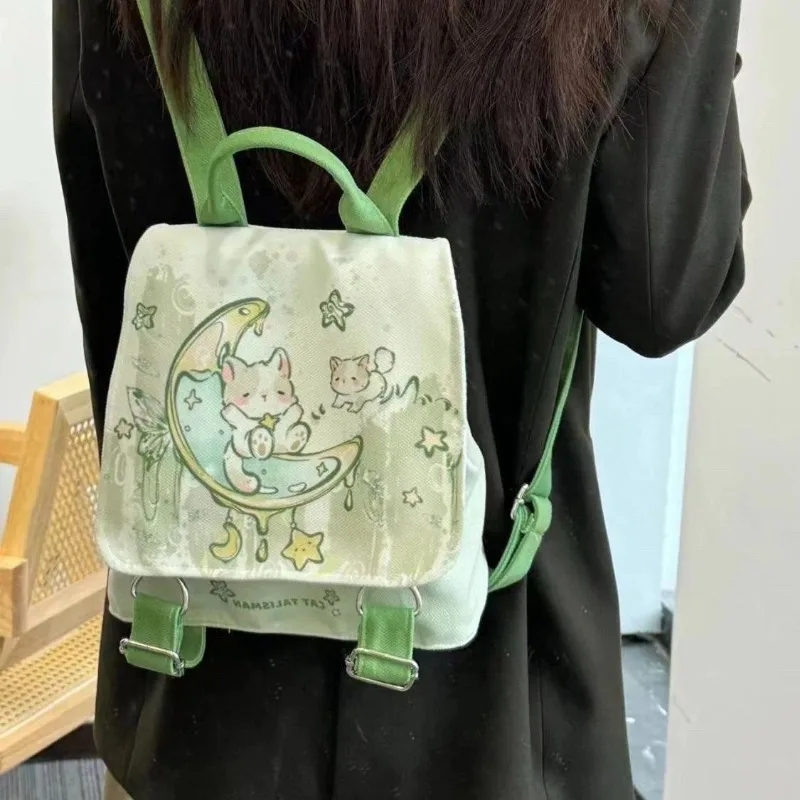 MBTI Cute Cartoon Womens Backpack Green Fashion Cartoon Print Casual Bags Kawaii Canvas Zips Female Backpack Trend 2024