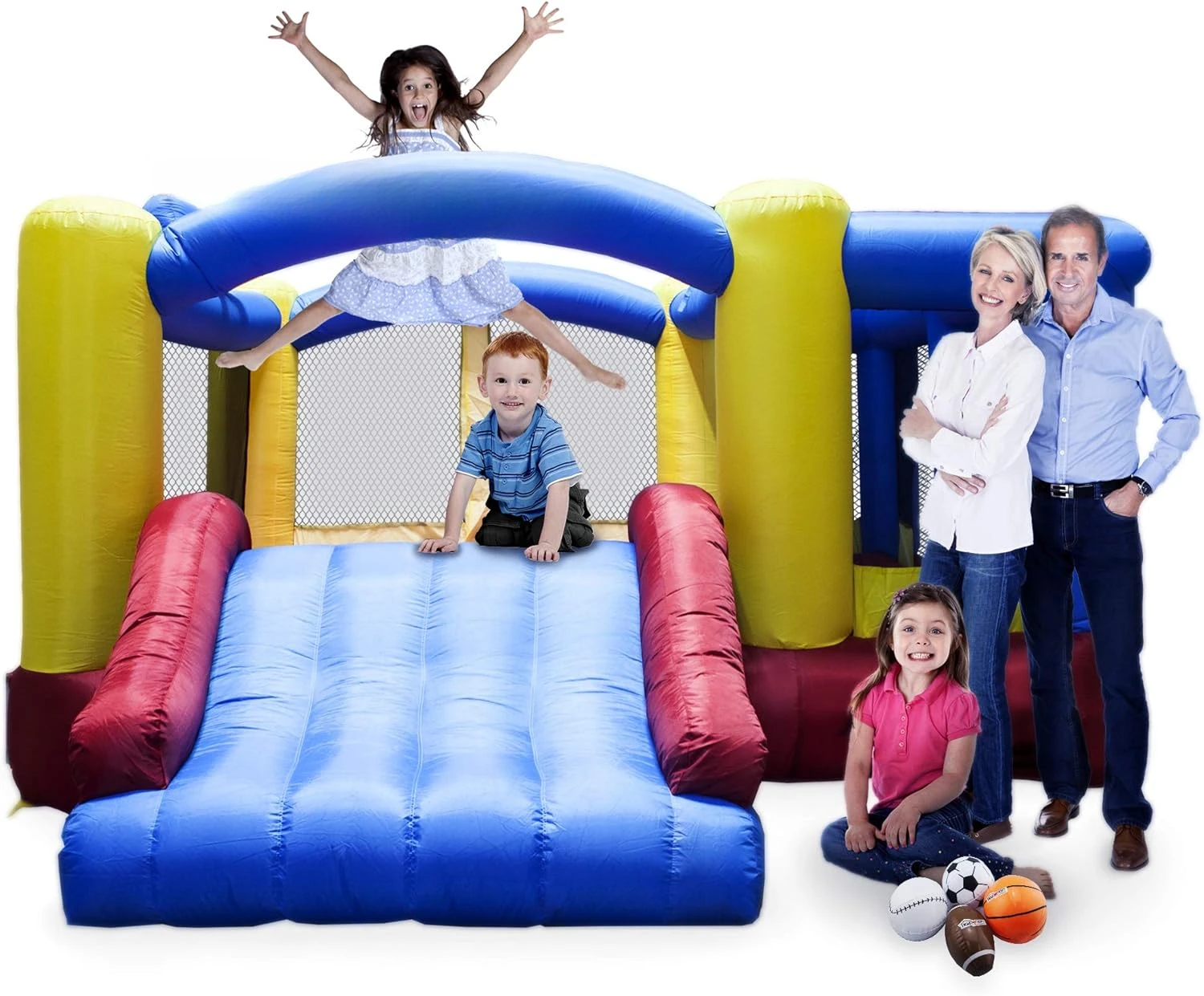 Foot Inflatable Bouncer Jumping Bouncing House, Jump Slide, Dunk Playhouse w/Basketball Rim, 4 Sports Balls, Full-Size Entry,