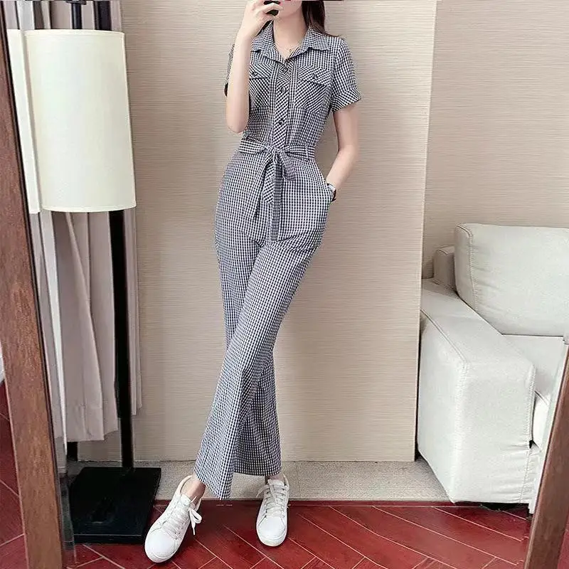 Korean Popular Plaid Patchwork Belt Decoration One-piece Clothing Elegant Women's Jumpsuit Office Outfits