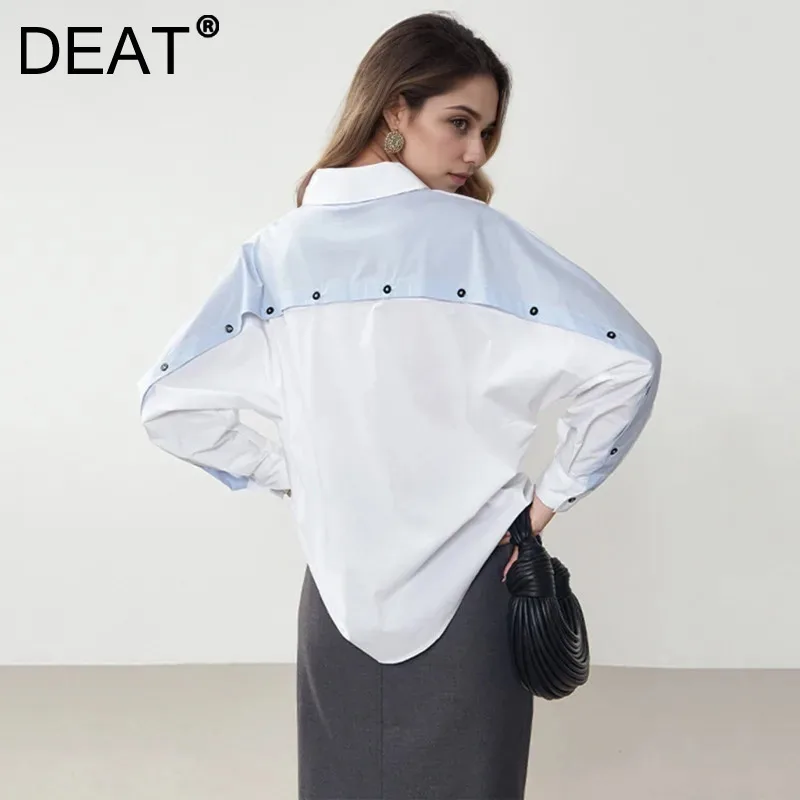 DEAT Fashion Contrast Color Patchwork Shirt Women's Polo-neck Loose Single Braested Long Sleeve Blouse Spring 2025 New 7AB4906