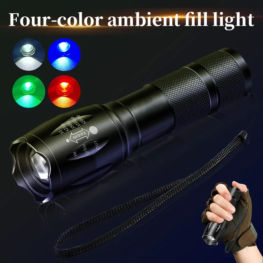 Rechargeable LED Flashlight Green Red Blue White Multifunction LED Torch for Fishing Camping Hunting Photography Selfie