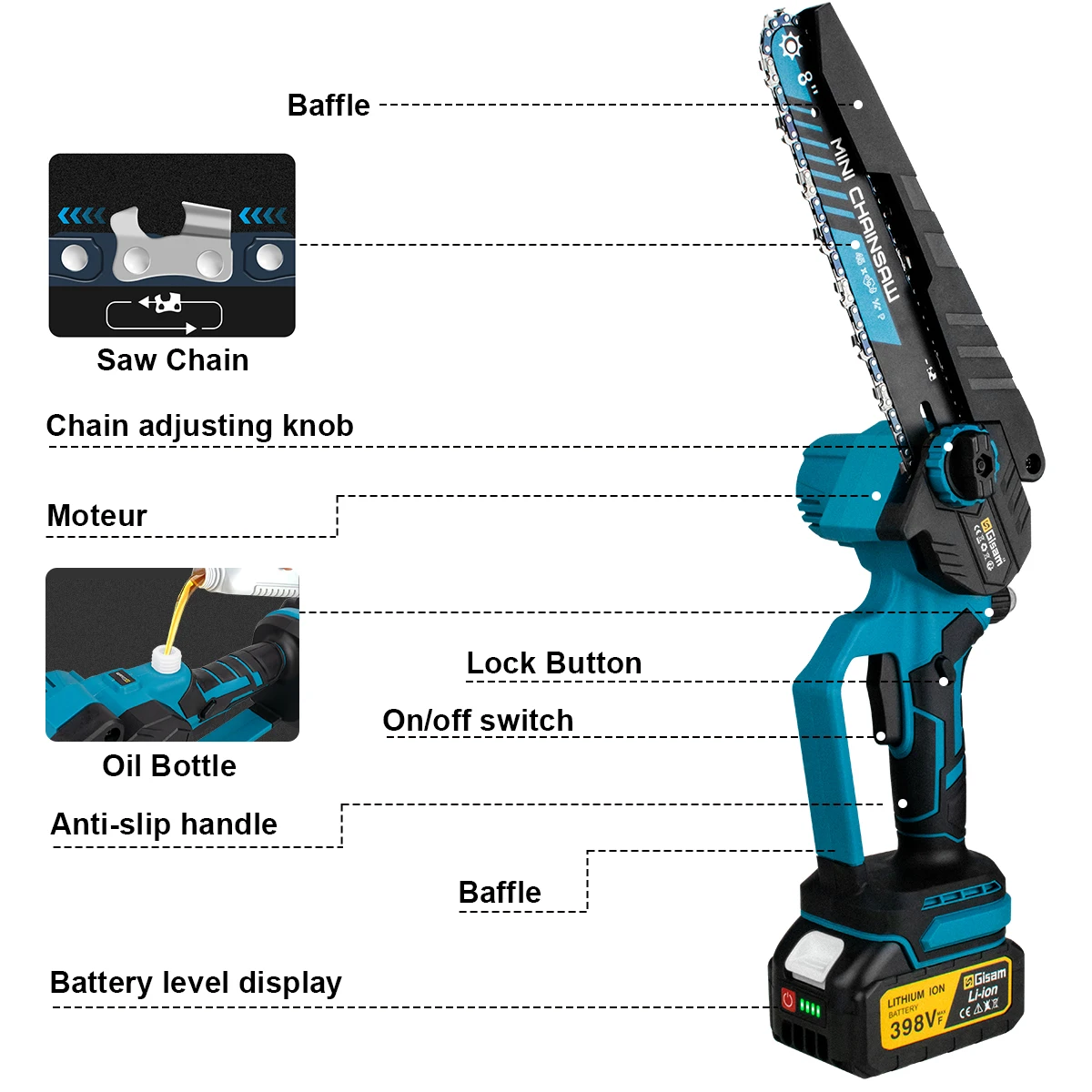 8 Inch Brushless Electric Chainsaw Cordless Oil Electric Chain Saw Woodworking Garden Pruning Saw Tool for Makita 18V Battery