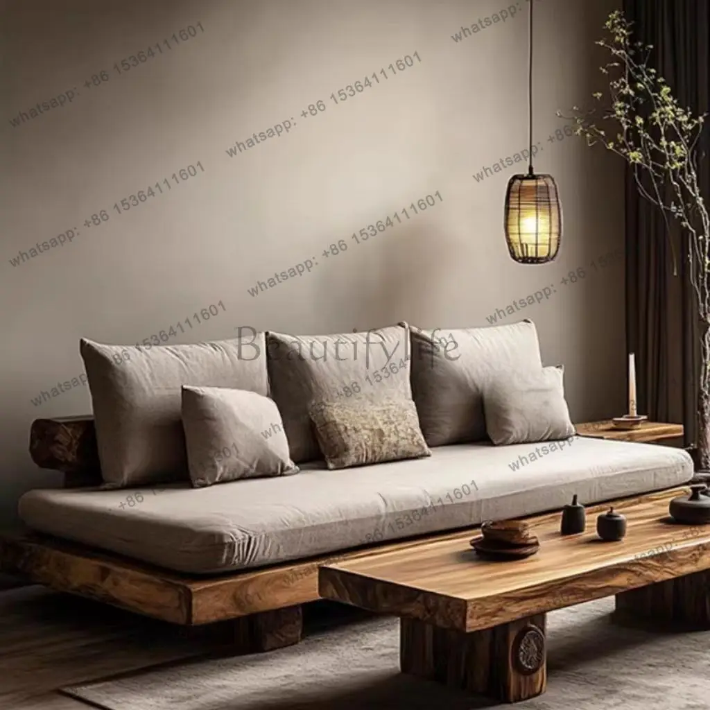YJ Small Apartment Solid Wood Sofa B & B Hotel Old Elm Sofa Straight Row Sofa Minimalist Wabi **** Wind Furniture