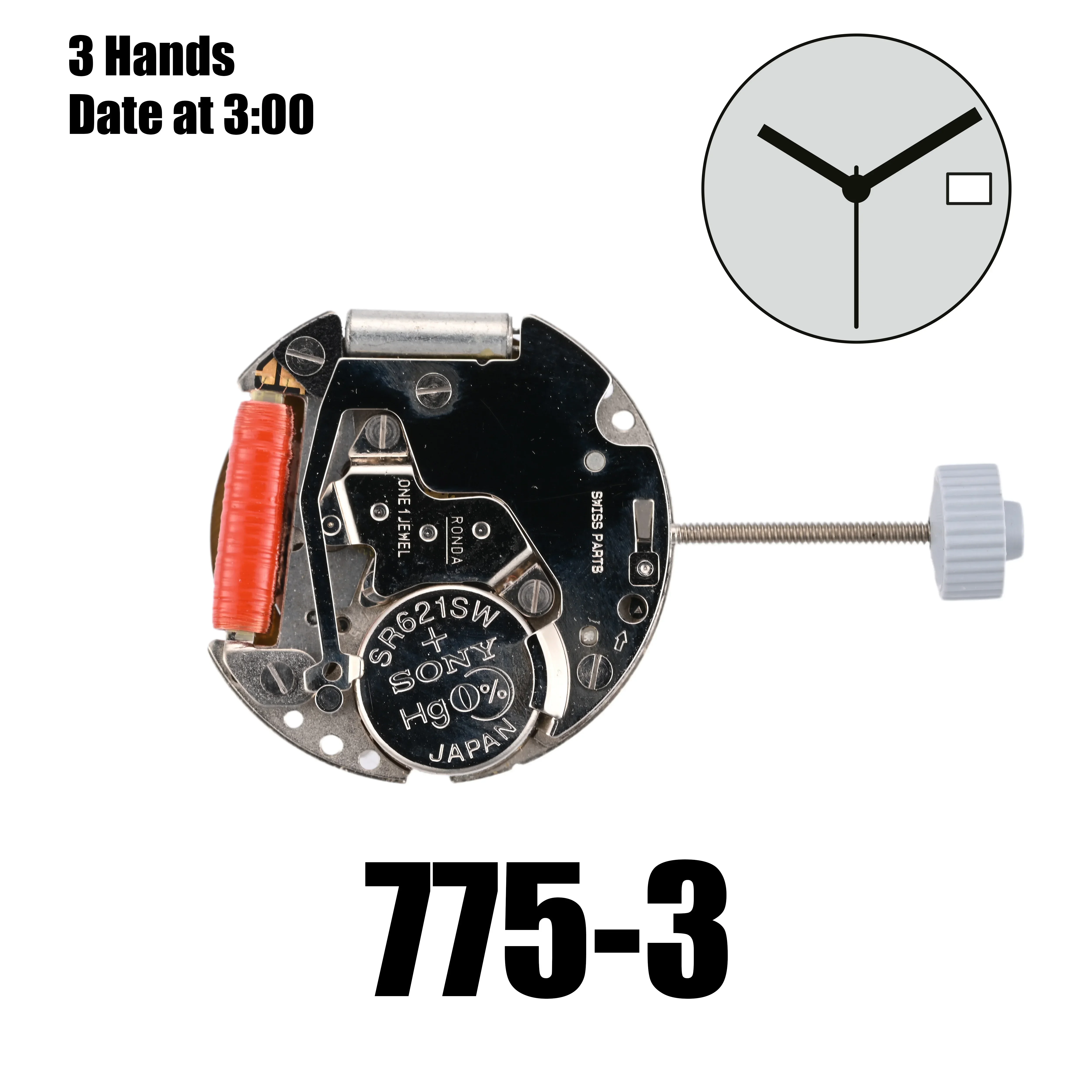 775 Movement Ronda 775 Movement 3 Hands Date at 3:00/6:00 Size 2.5 mm 7¾''', 17.20 mm