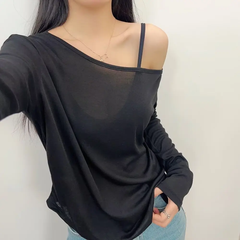 8 color Screw Collar Single Shoulder Long Sleeve Tee Sports Spring Summer Girl Diagonal Neckline Loose T-shirt Pullover Crop Top