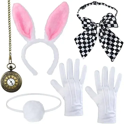 PESENAR White Rabbit Costume Bunny Dress Up Accessory Kit Include Headband Clock Necklace Tail Bowtie Nose