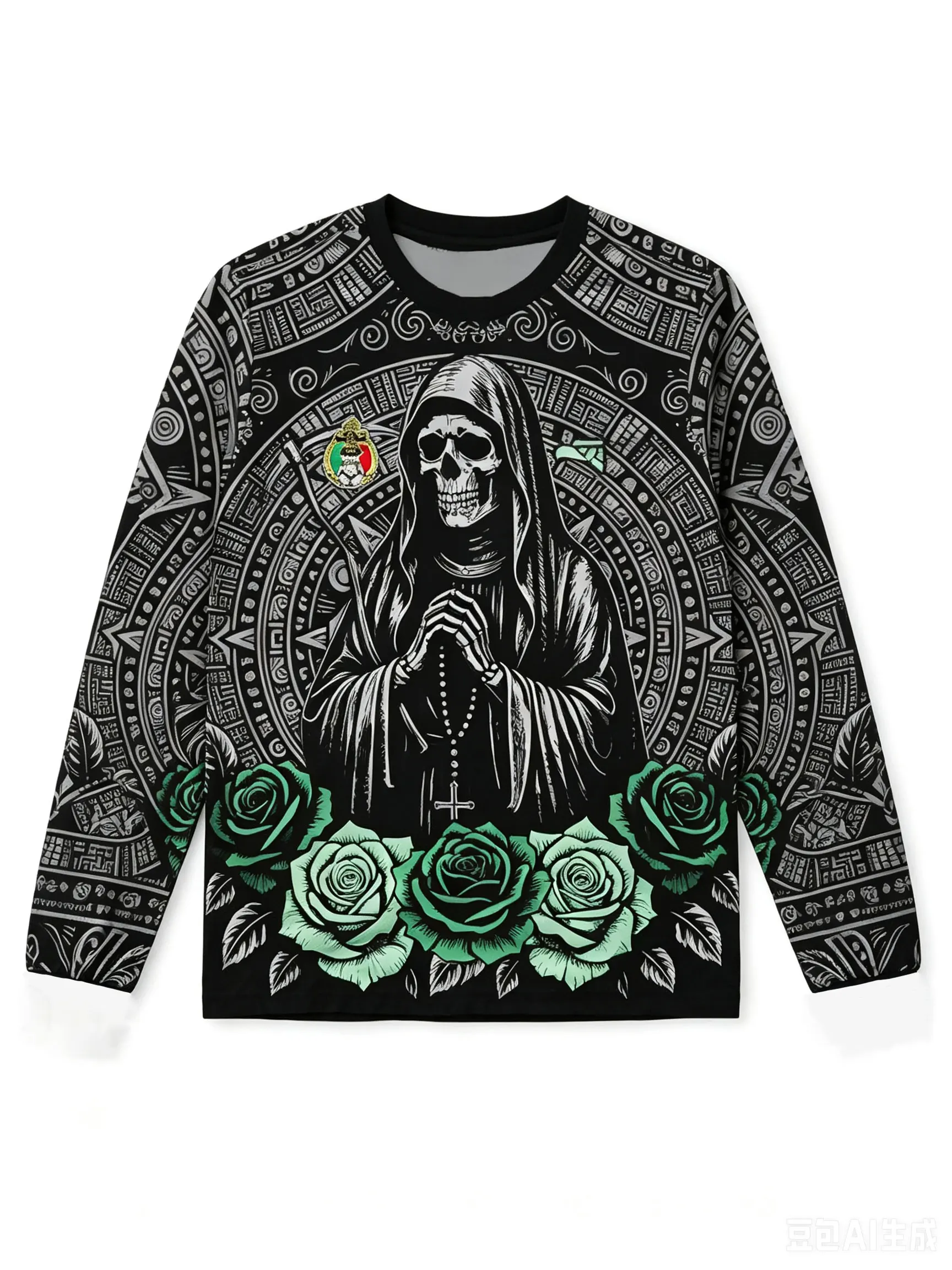 Mint Skull Soccer Jersey, Mexican Day of the Dead Theme Unisex Football Shirt, Jersey Shirts, Casual Fitted Long Sleeve