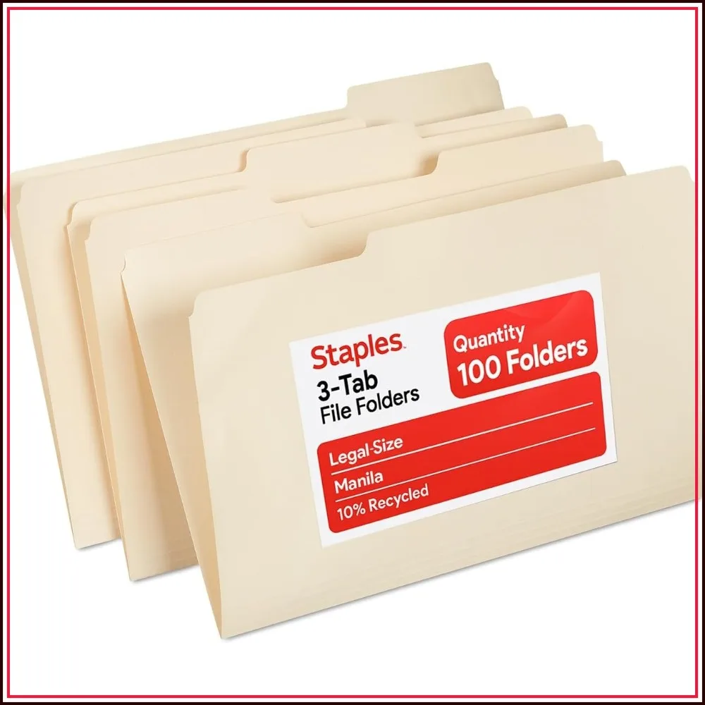 Recycled Legal Size File Folders, 1/3-Cut Tabs, Manila, 100 Pack