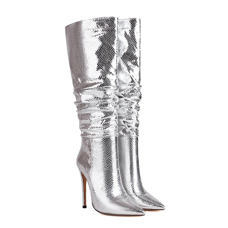 Kcenid 2024 Autumn Winter Gold Silver Leather High Heels Knee High Boots Pleated Pointed Boots Performers Party Women Shoes