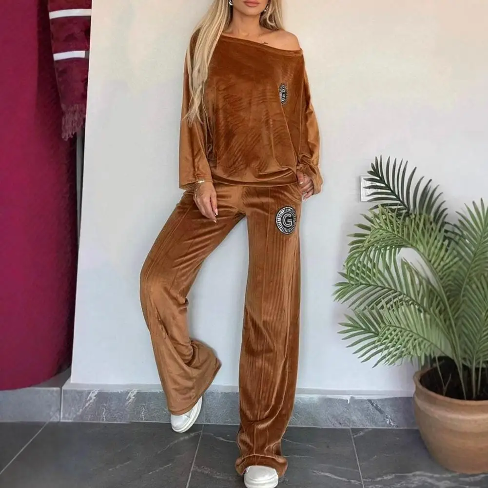 Outfit Velvet Bat Sleeves Blouse Wide Leg Trousers Set for Women Sport Outfit with Round Neck Top Fall Spring Tracksuit Fashion