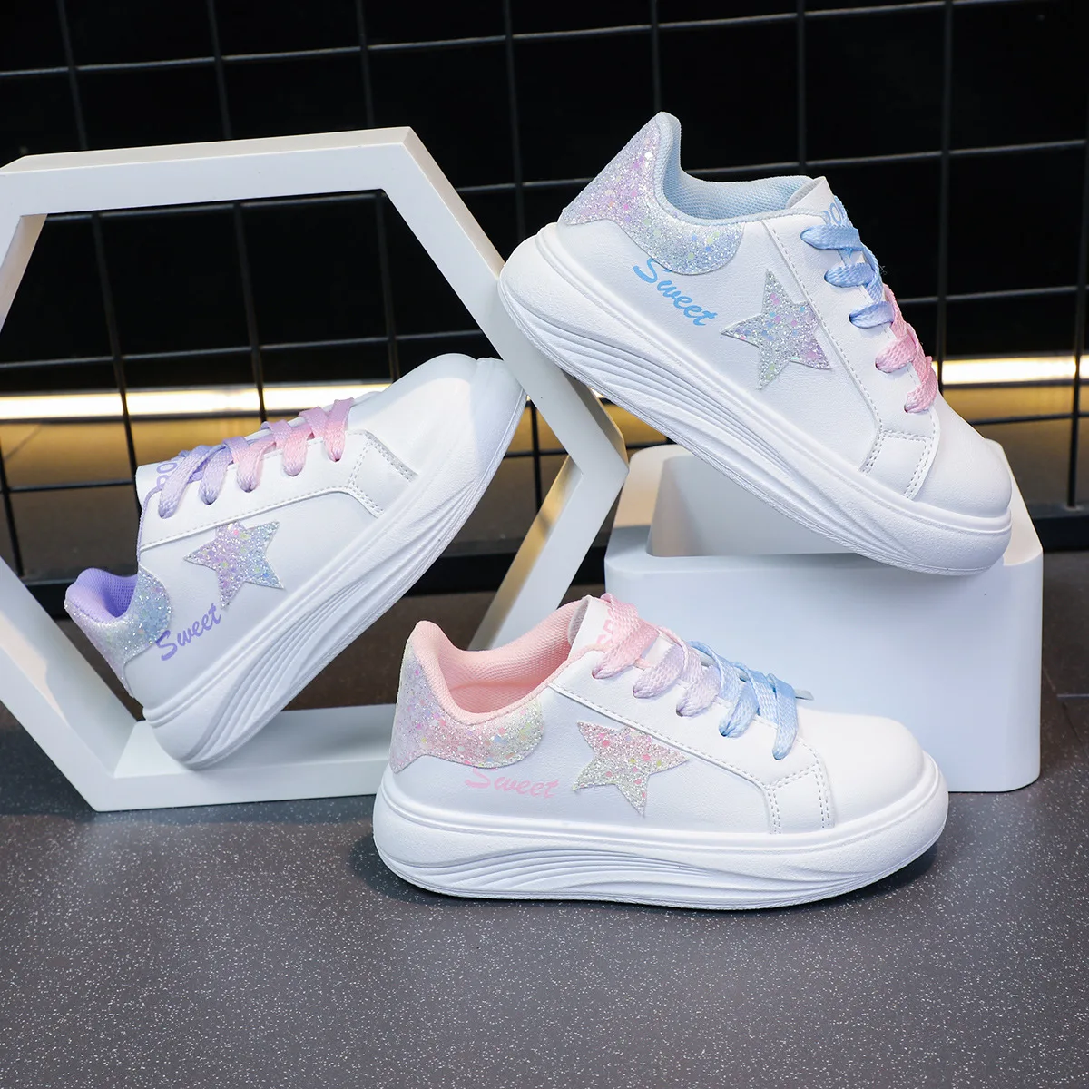 

Students Fashion School Spring/Autumn Stars Thick Sole Sequin Sports Sneakers Popular PU Soft Toddler Shoes Light Running Shoes