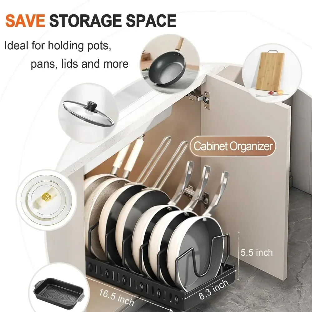 Pots and Pans Organizer Under Cabinet,Sliding Pot Lid Holder and Pan Rack Kitchen,Pull Out Pot and Pan Organizer,Dishes Storage