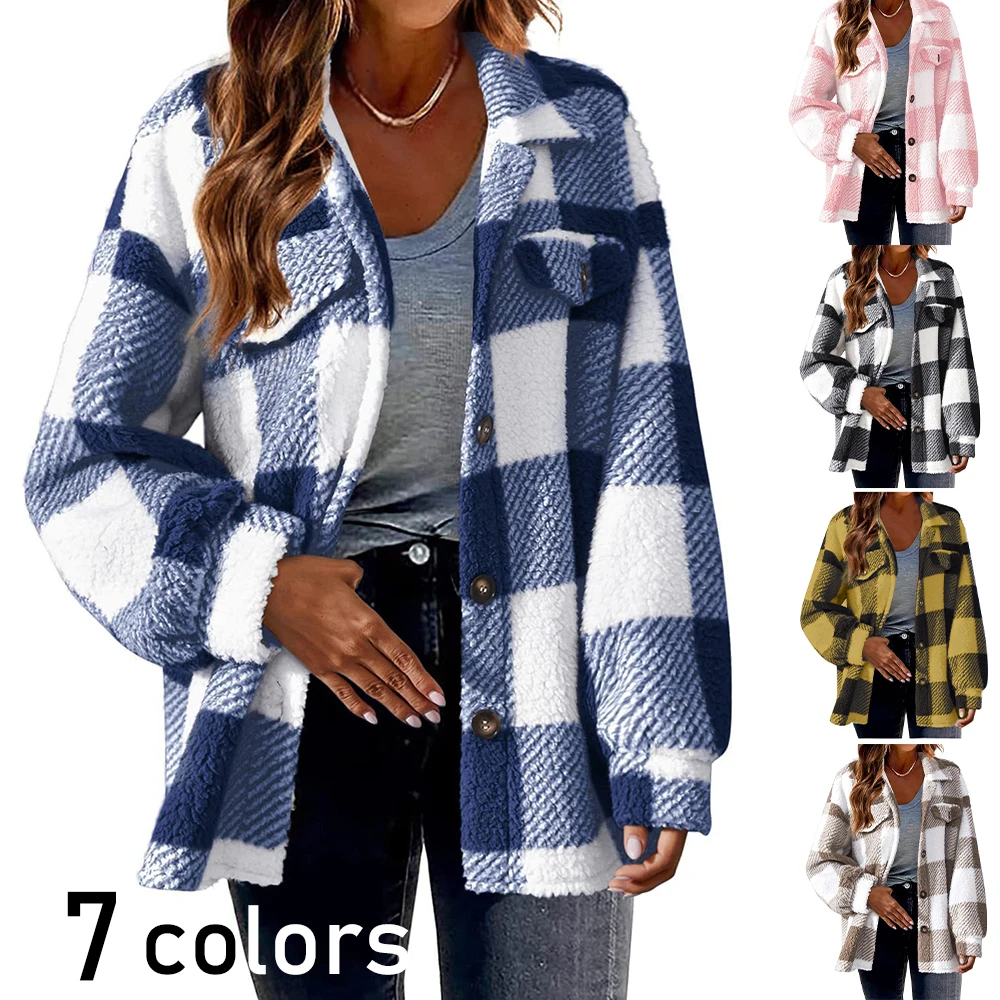 

Fashionable Plaid Lamb Wool Outwear With Pockets, 2024 Autumn Womens New Soft Casual Jacket，Plush Button Coat