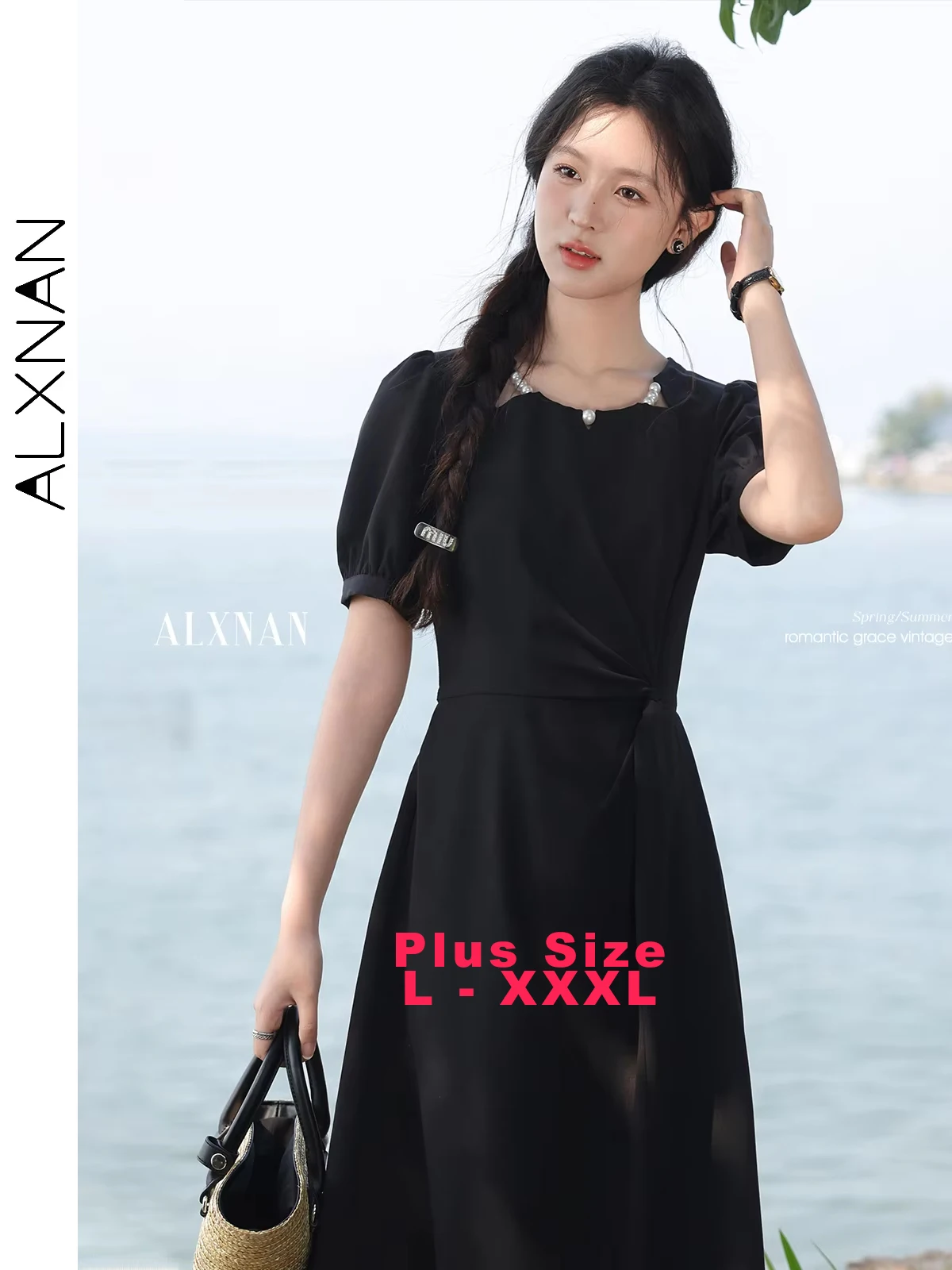 

ALXNAN Plus Size Black Dress Long Elegant A-line Holiday Women's Dress 2025 Summer Party Pearl Beaded Casual Clothing New D10658