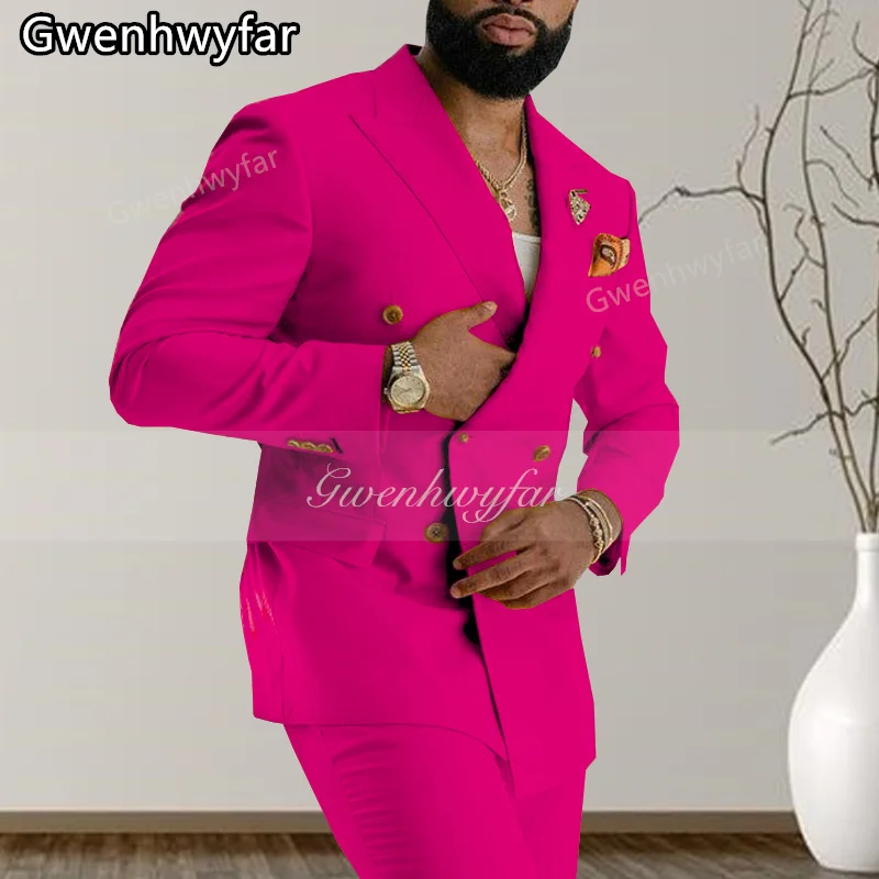 Gwenhwyfar 2025 Traje de lujo rosa rojo para hombre, conjunto de solapa de pico con doble botón y ocio para caballero (chaqueta + pantalones)