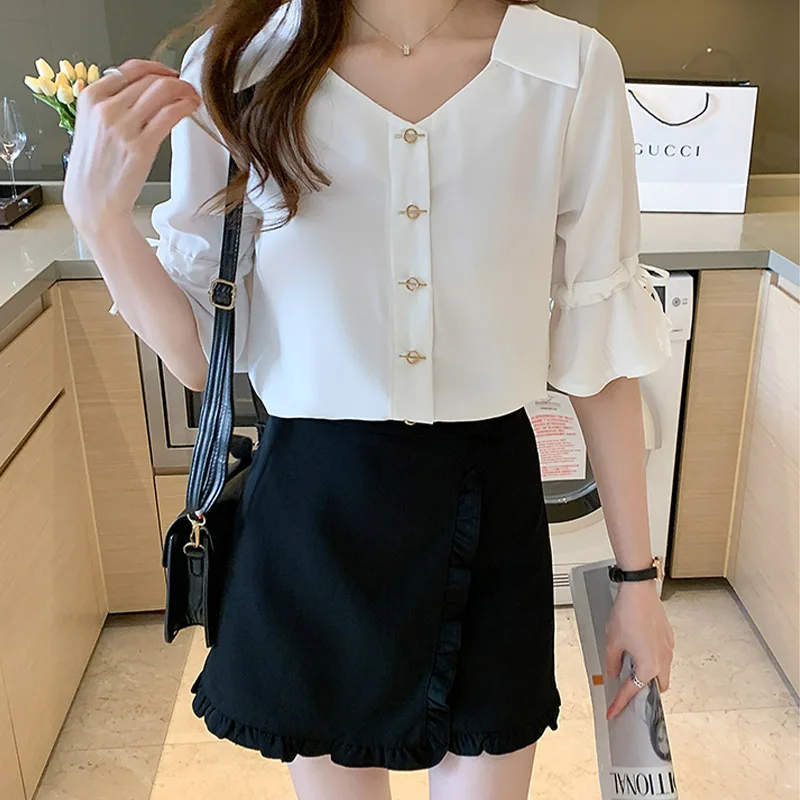 Summer Fashion V-neck Flare Sleeve Chiffon Shirts Vintage Solid Chic Button Commute Blouse Women Clothing Temperament Tops