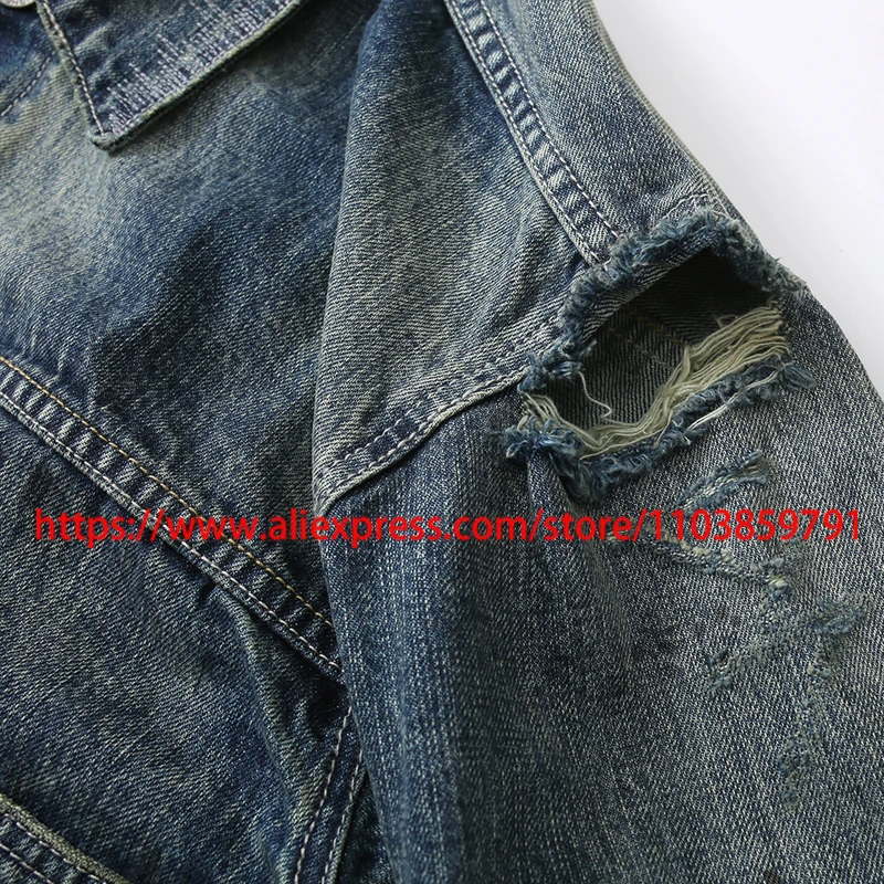 High Street Trend NBHD Denim Jacket Fashionable Patchwork Ripped Hole Colored Line Retro Casual NBHD Sweatshirts Coats
