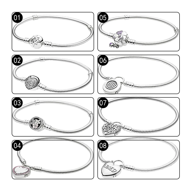 Silver 925 Original Wrist Charm Bracelets For Women Jewelry Snake Chain Zircon Stones Starry Sky Love Heart Padlock Flower Clasp