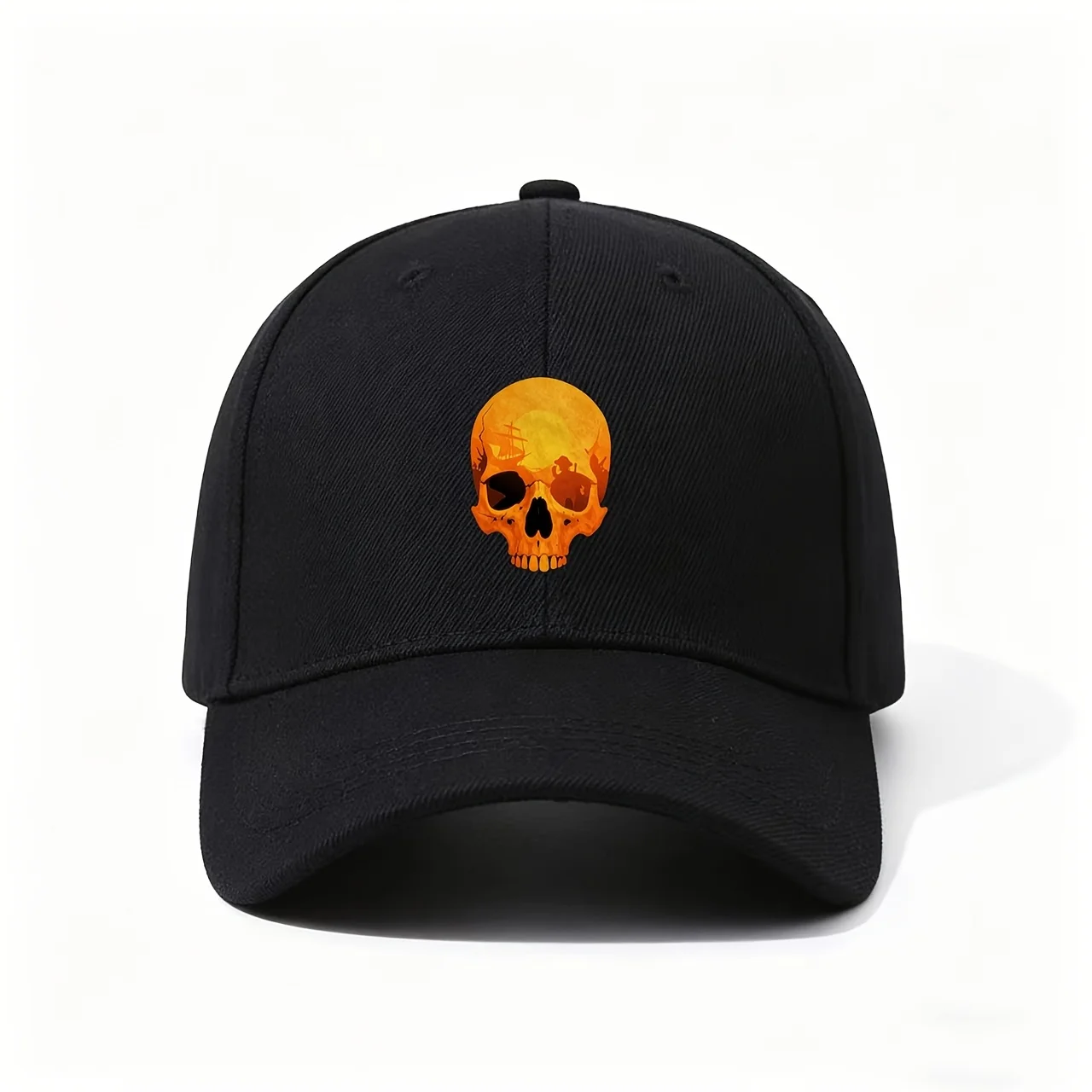 Baseball Cap, Showcasing a Vibrant Orange Pirate Skull Print with a Ship And Sunset Silhouette Inside, Adventurous And Nautical