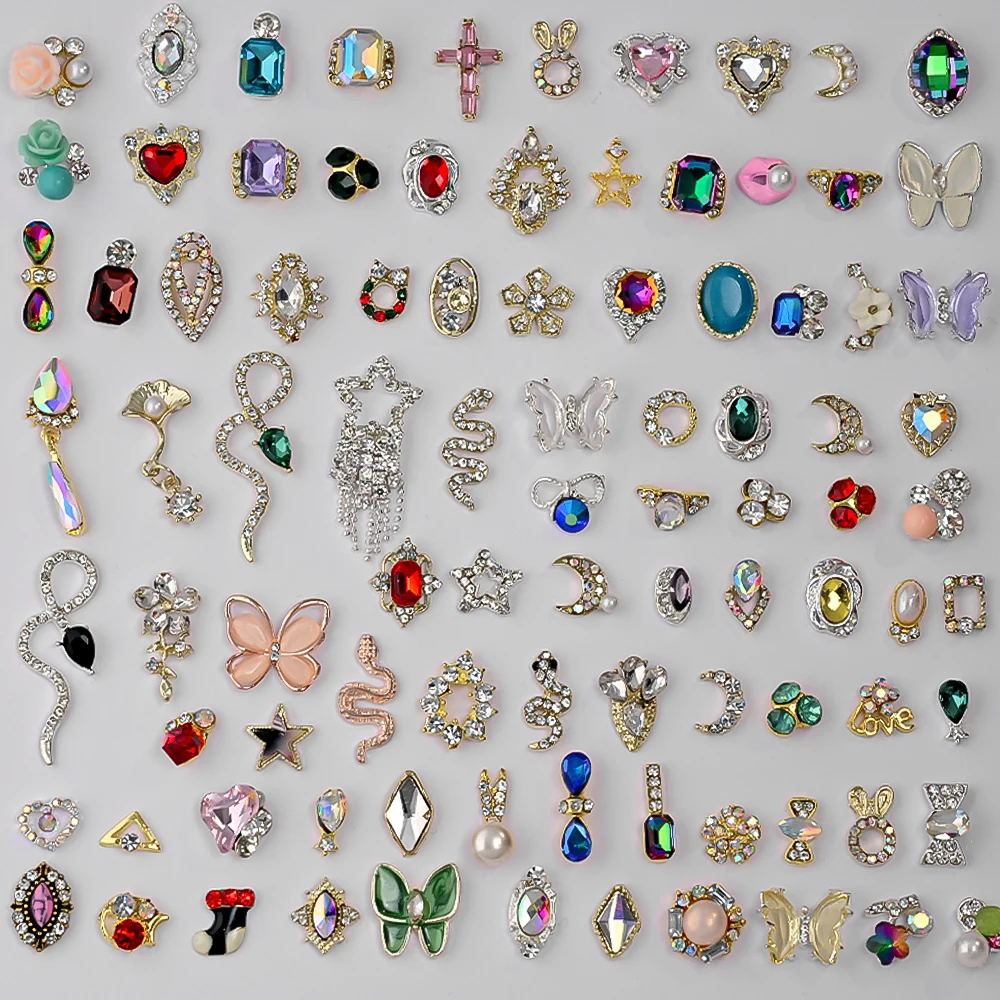 50Pcs 3D Random Luxury Nail Charms Mixed Alloy Bowknot/Butterfly/Heart/Flower Nail Art Decorations Elegant Manicure DIY Supplies