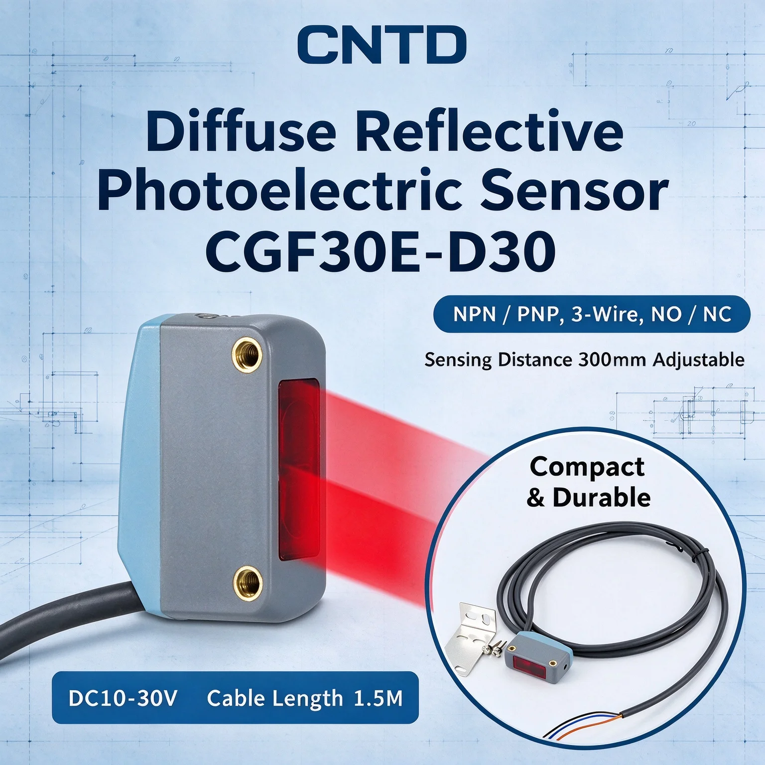CNTD CGF30E-D30NA Square Diffuse Photoelectric Switch, 5 Wire NPN PNP Sensor come with mounting bracket Sensing Distance 10-30cm