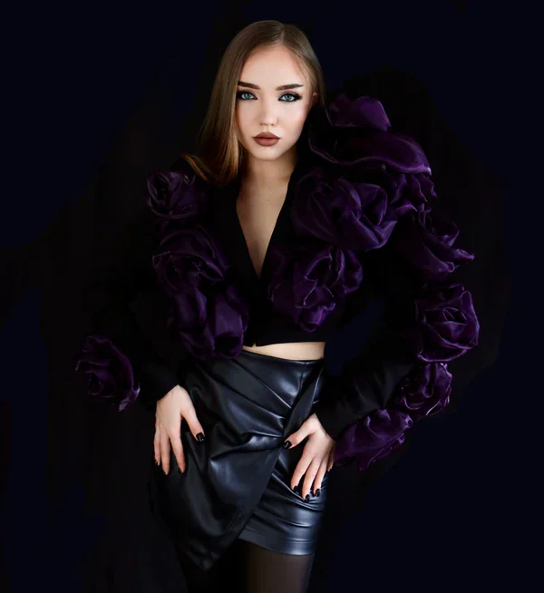 Stylished Black Short Women Blazer With Dark Purple Flower Details Fashion Women Floral Outerwear Coats