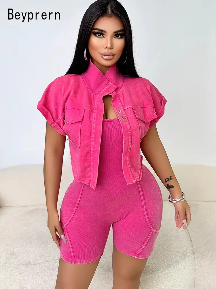 

Beyprern Womens Pockets Details Knitted Tracksuits Set Two-Piece Outfits Summer Casual Ribbed Tracksuits Set Sporty Active Wear