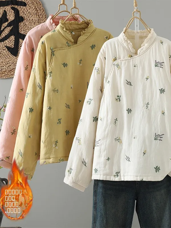 

Аутентичная зимняя хлопковая тюре с вышивкой на пуговицах 2025, художественная женская хлопковая одежда с косым воротником в национальном стиле, Thiened