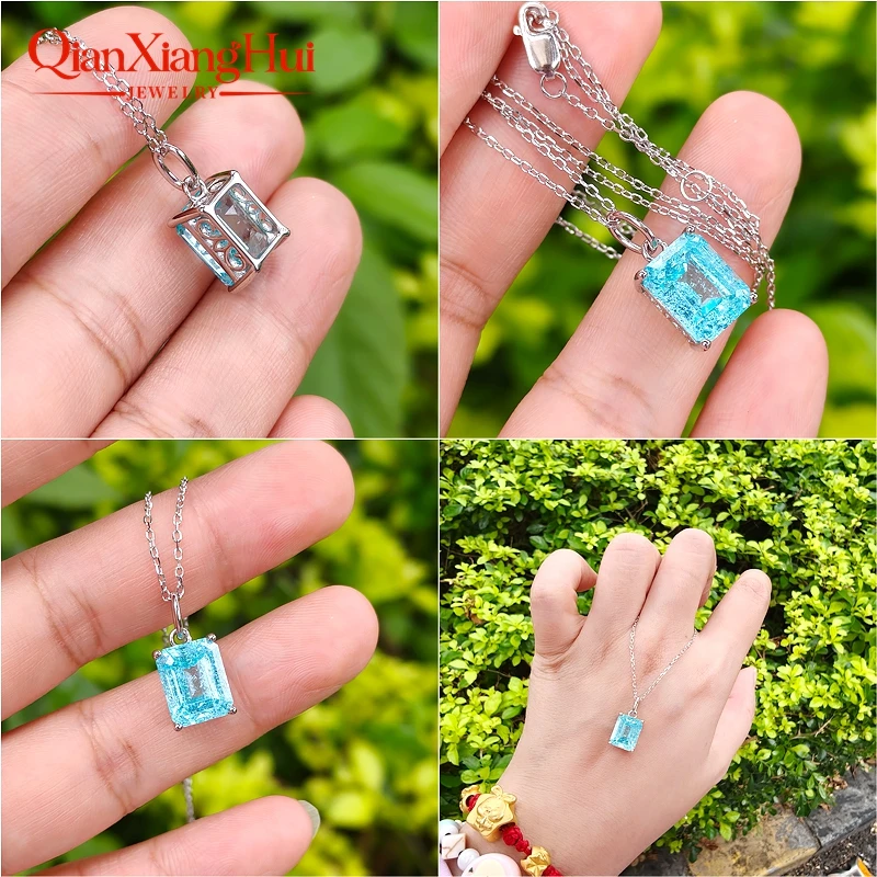 8*10mm Emerald Rectangle Shape Lab Grown YAG Neon Paraiba Blue and Green S925 Silver Pendant Jewelry Gift Necklace Datting