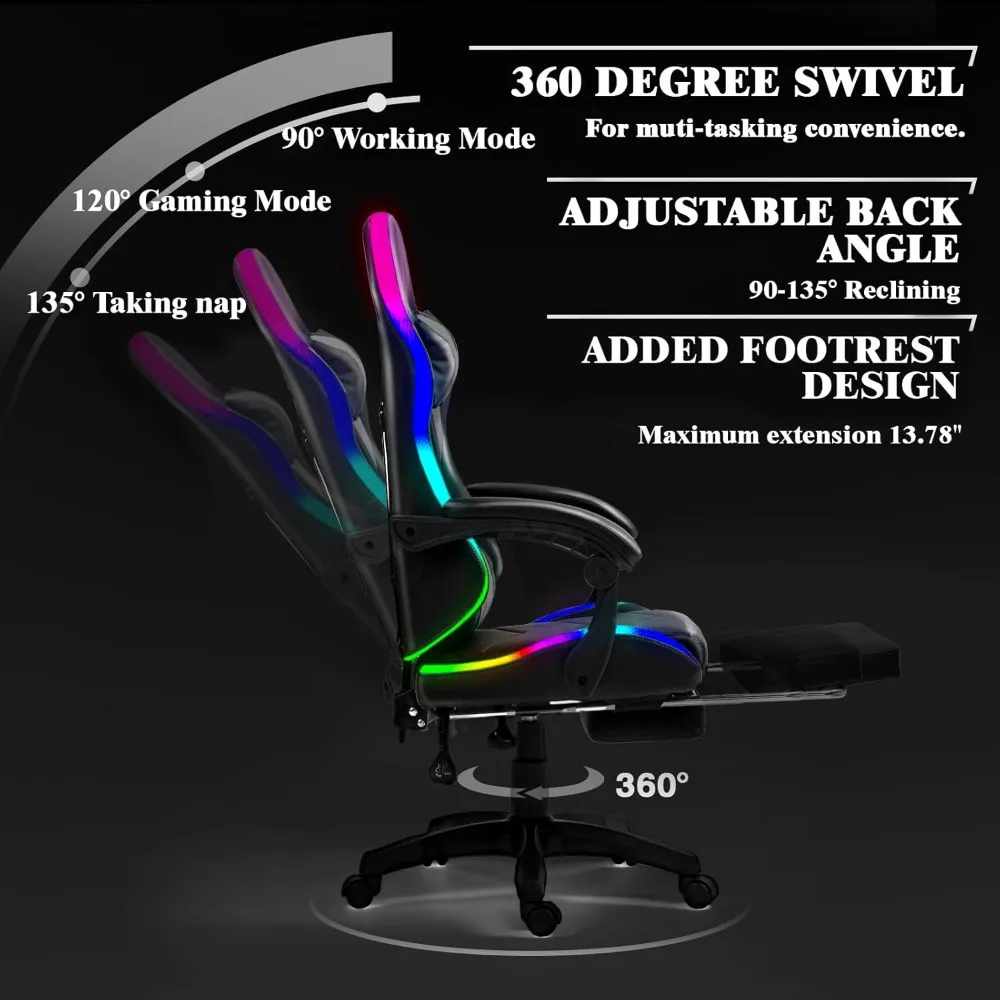 Racing-Style RGB LED Gaming Chair with Lumbar Massage for Adults and Kids, High-Back Reclining Comfort