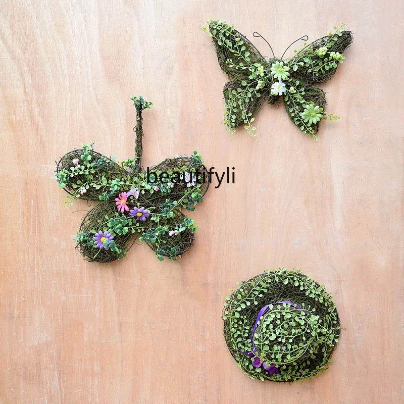 Simulation leaf wall decoration creative wreath pendant wrought iron butterfly, wall decoration courtyard garden arrangement