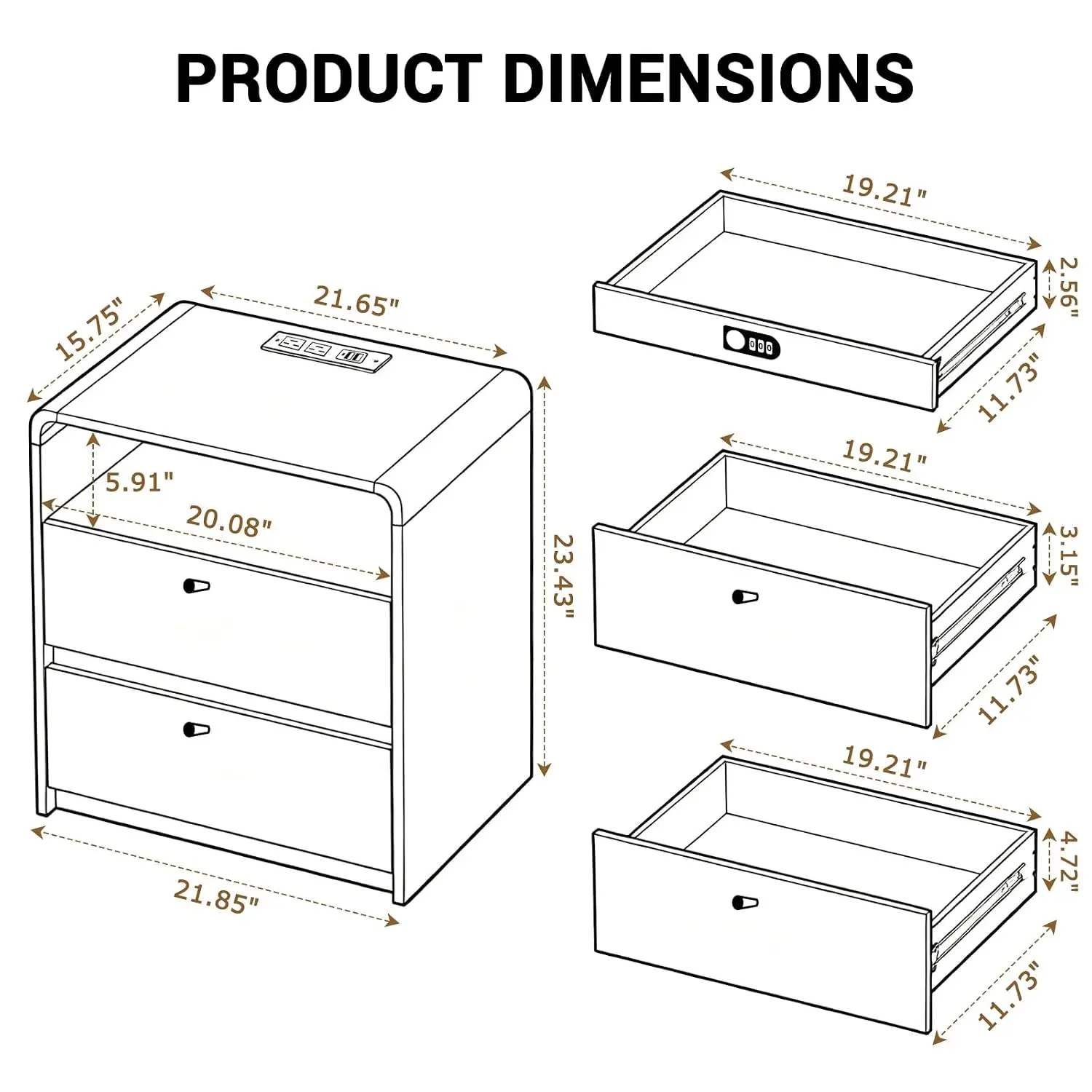 Walnut Nightstand Set 2 Locking & Charging Station, Mid Century Modern Hidden Drawer Combination Lock, Wooden , Customized