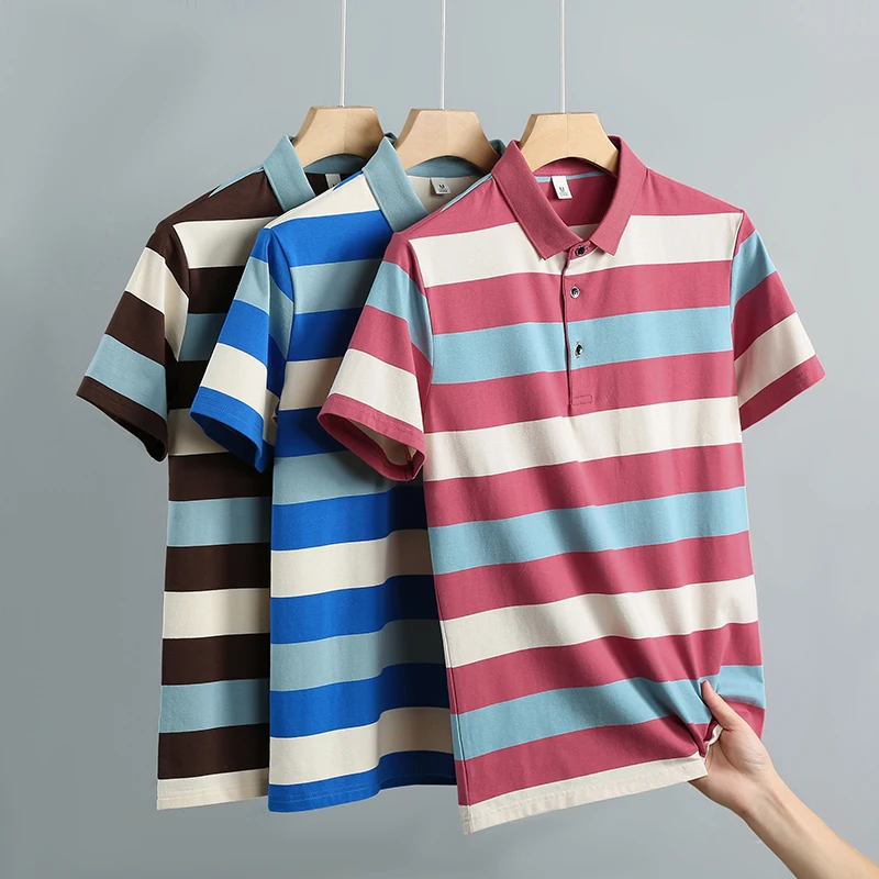 2024 Summer Fashion High Quality All Cotton Stripe Thin Lapel Short Sleeve Top Versatile Business and Casual Men\'s Polo Shirt