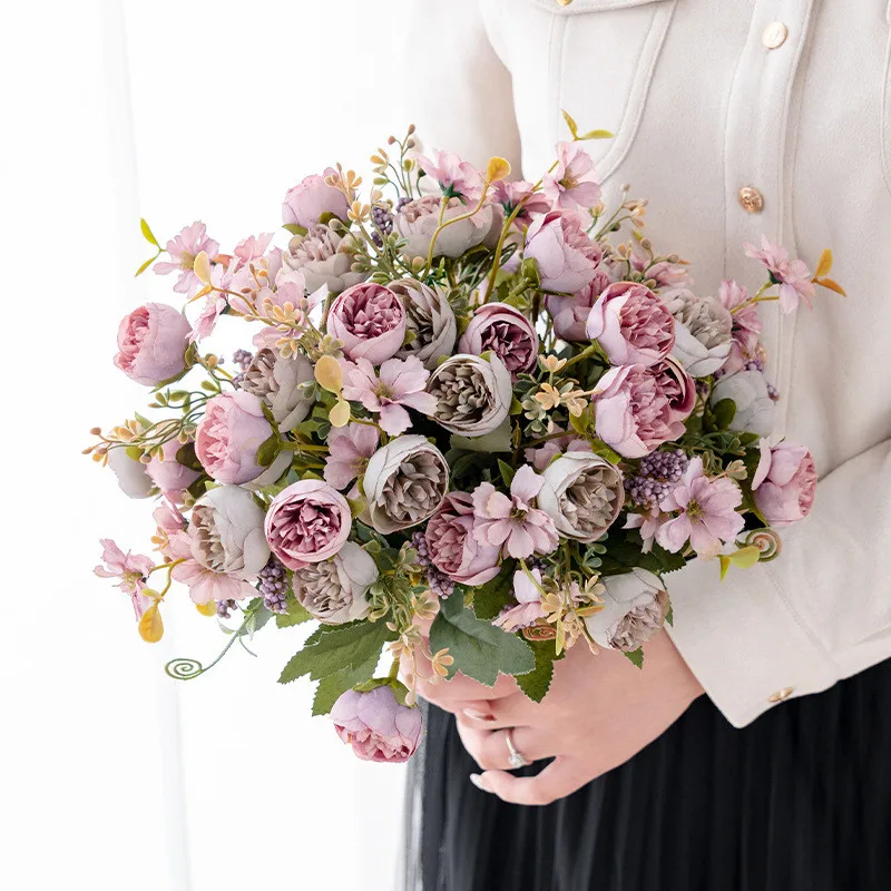Silk Artificial Flowers Tea bud Rose peony Wreath Valentine Wedding Bridal Bouquet Home vase table garden wreath Diy gift Decora