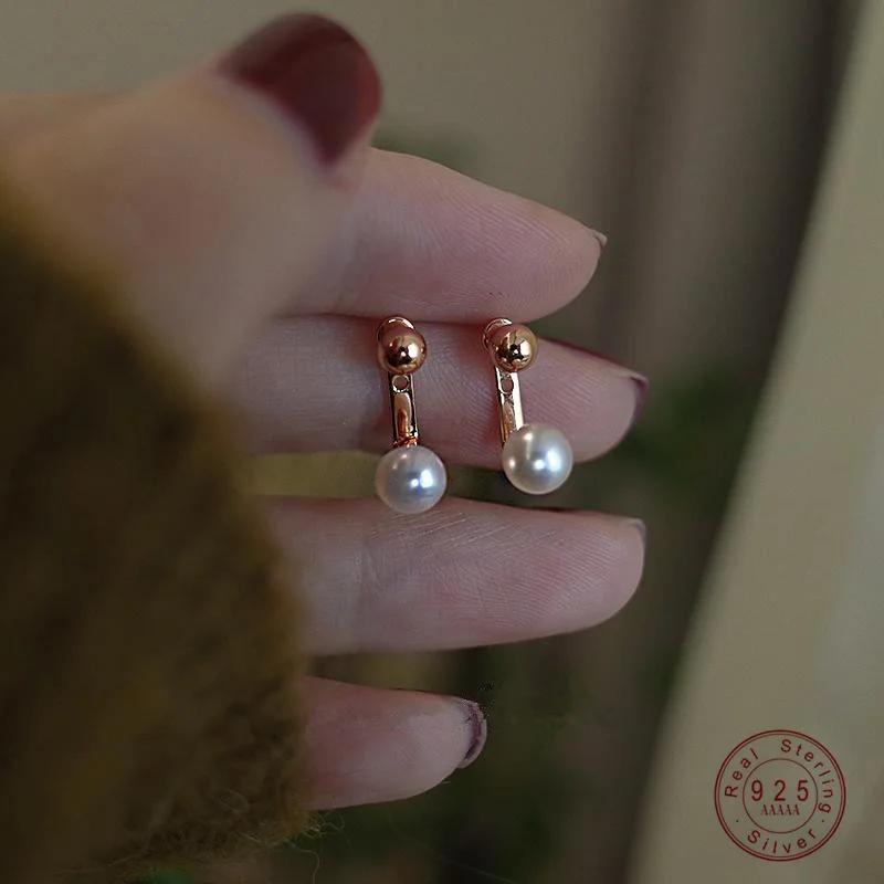 

Real 925 Sterling Silver High Quality Geometric Pearls Elegant Stud Earrings for Women Girls Birthday Gift Jewelry