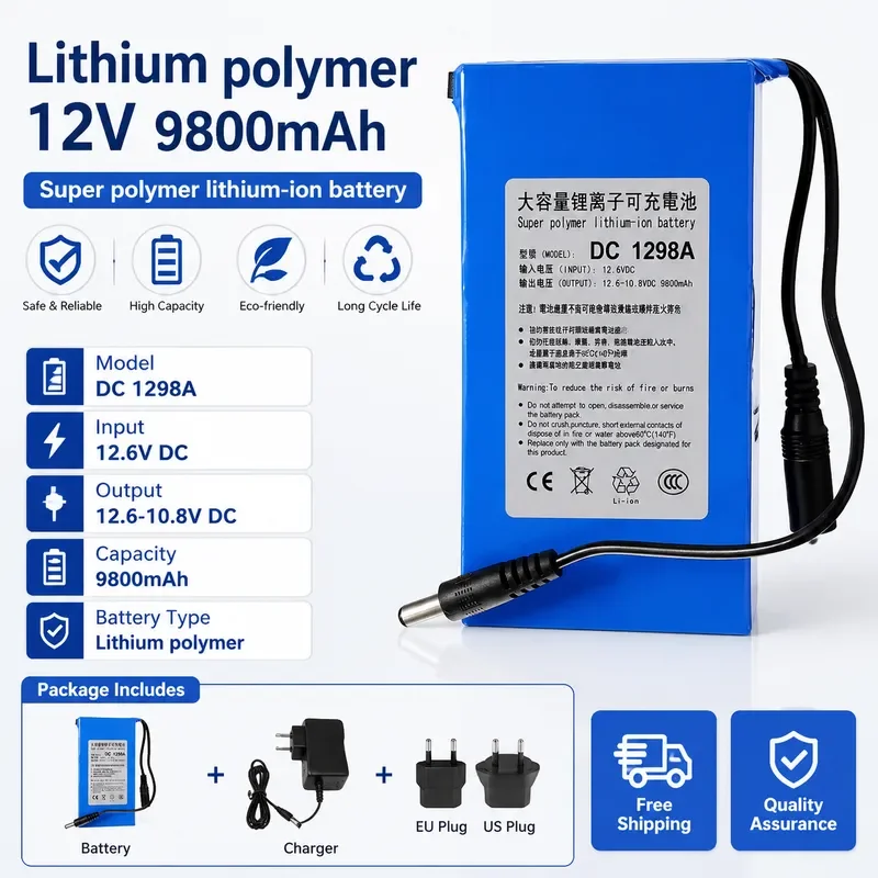 12V 9800mAh Lithium Polymer Battery 12.6VDC Super Rechargeable for CCTV Camera Wireless Transmitter